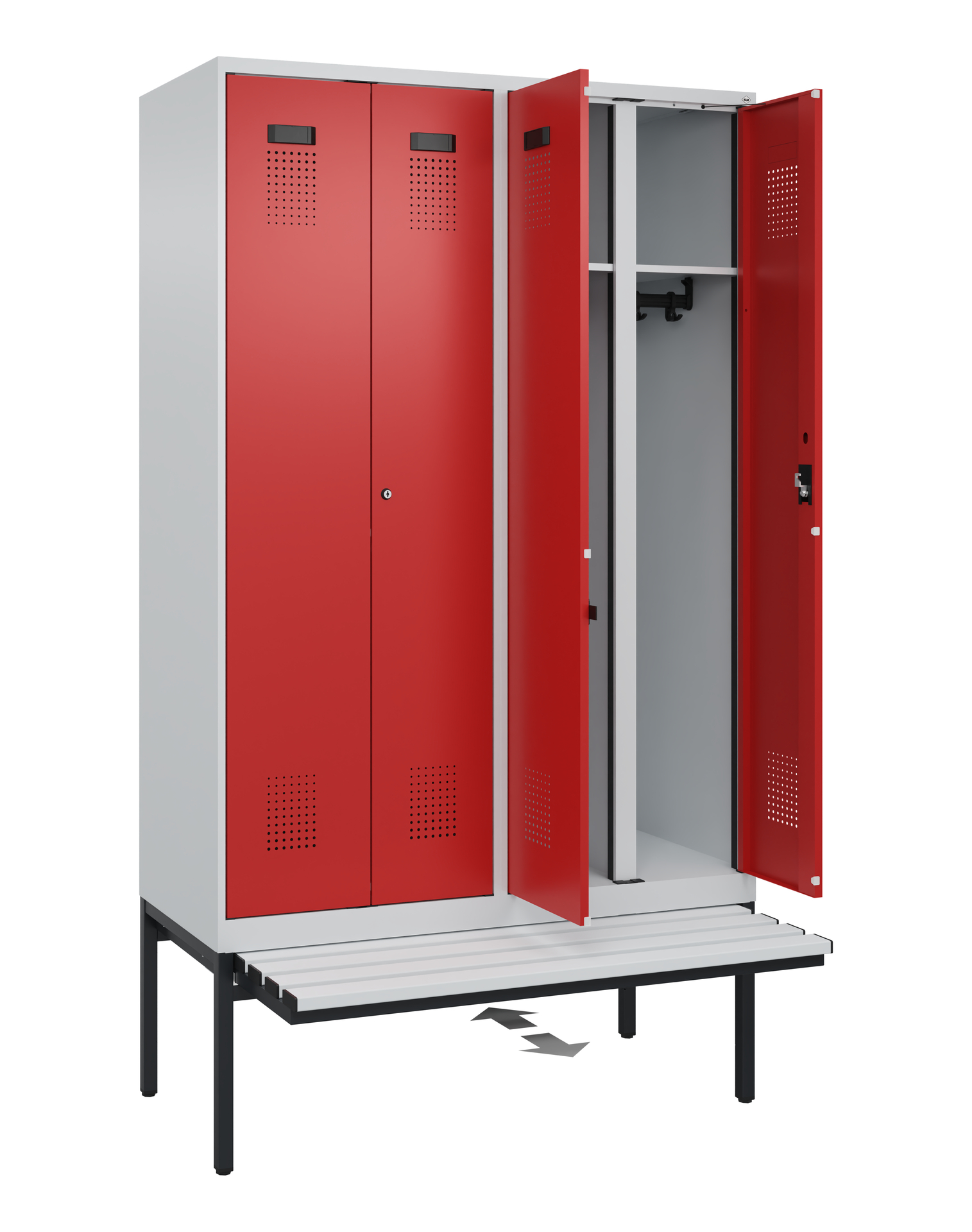 C+P Schwarz-Weiß-Spind Evolo PLUS, Bank, 4 Abteile, 2120x1200x815mm
