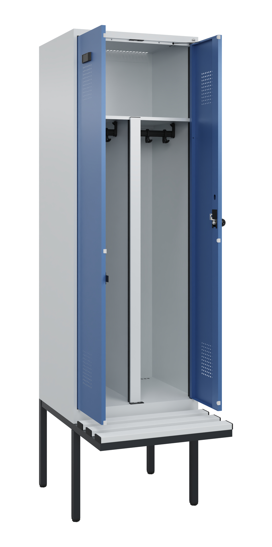 C+P PSA Schwarz-Weiß-Spind Evolo PLUS, Bank, 2 Abteile, 2120x600x815mm