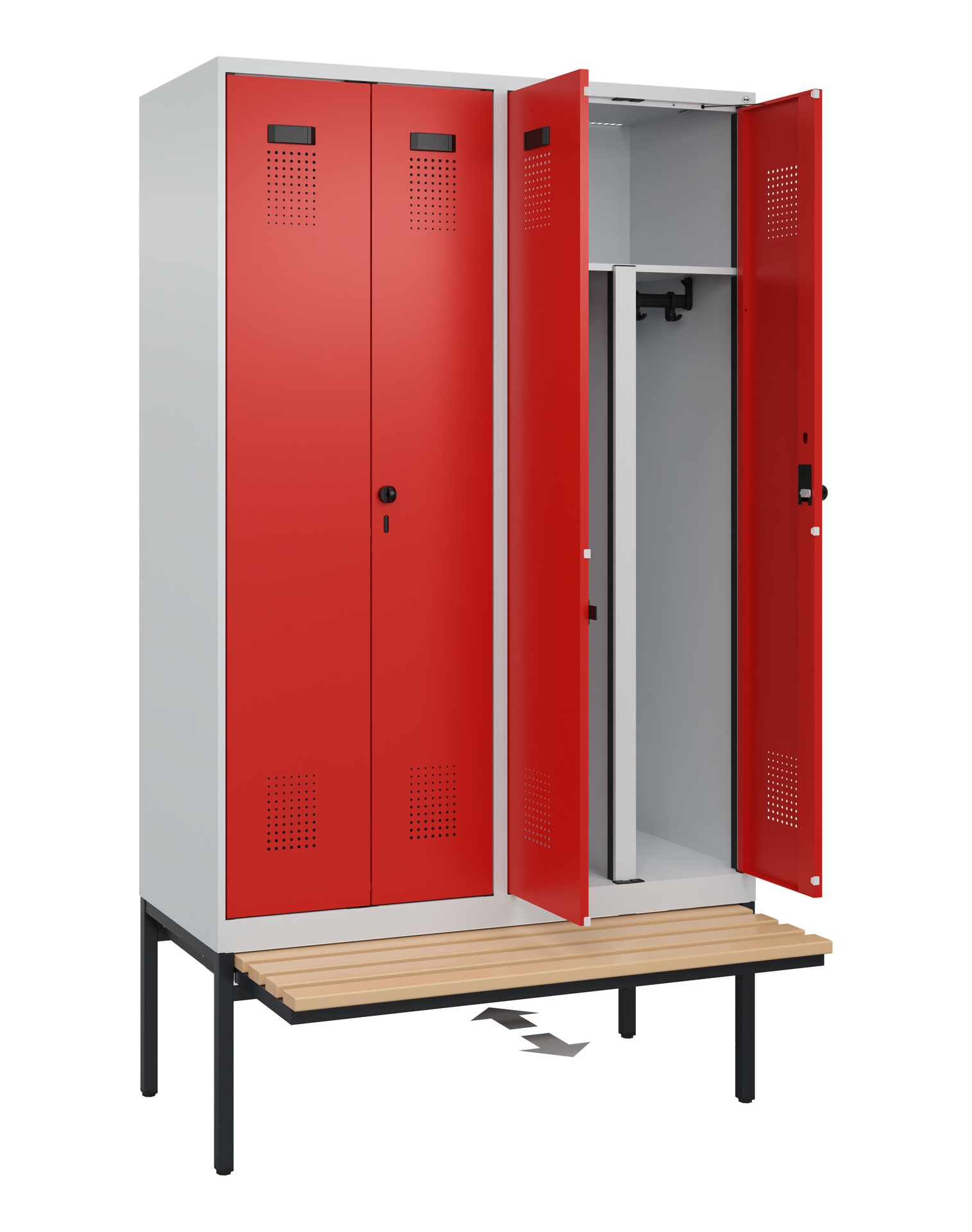 C+P PSA Schwarz-Weiß-Spind Evolo PLUS, Bank, 4 Abteile, 2120x1200x815mm
