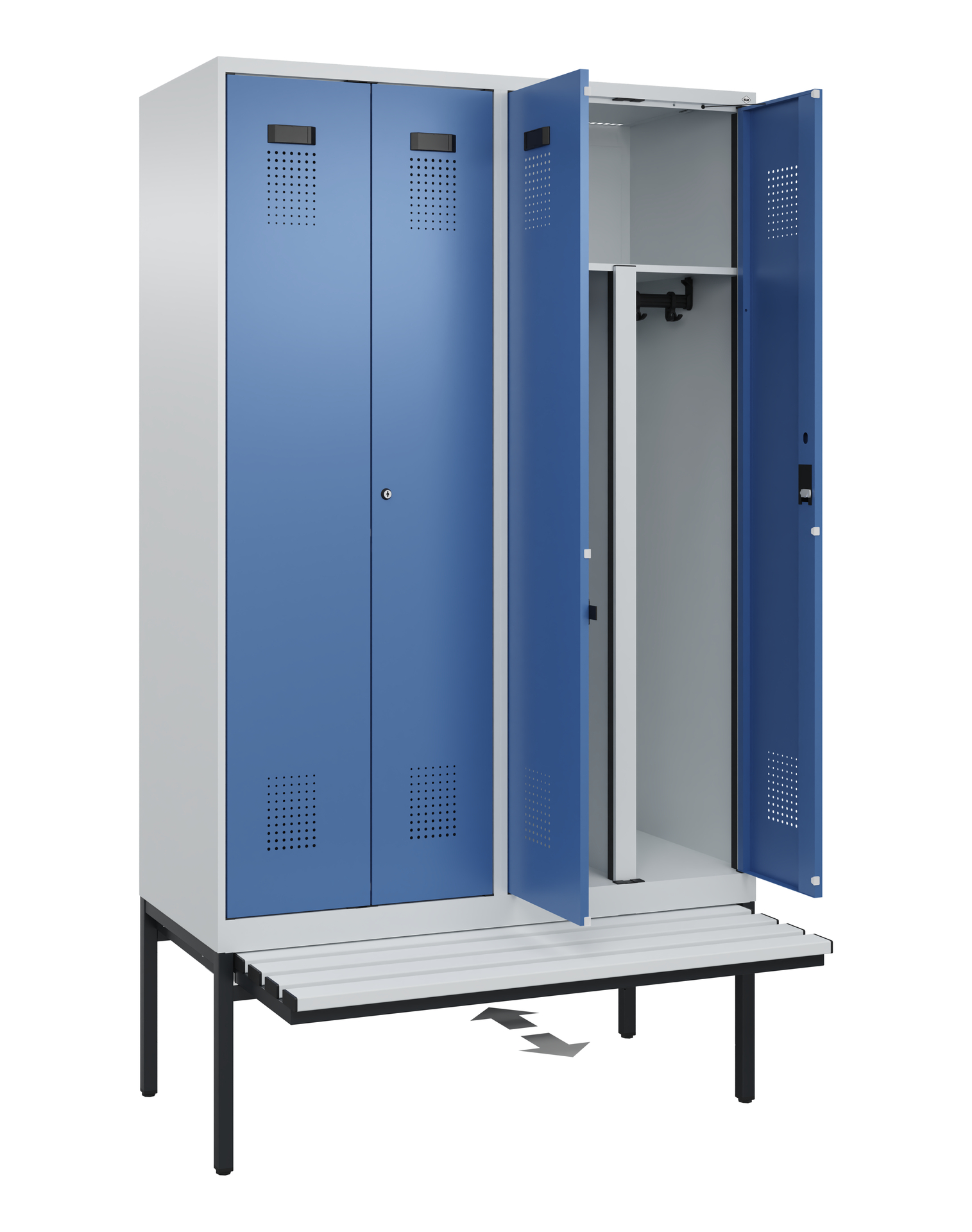 C+P PSA Schwarz-Weiß-Spind Evolo PLUS, Bank, 4 Abteile, 2120x1200x815mm