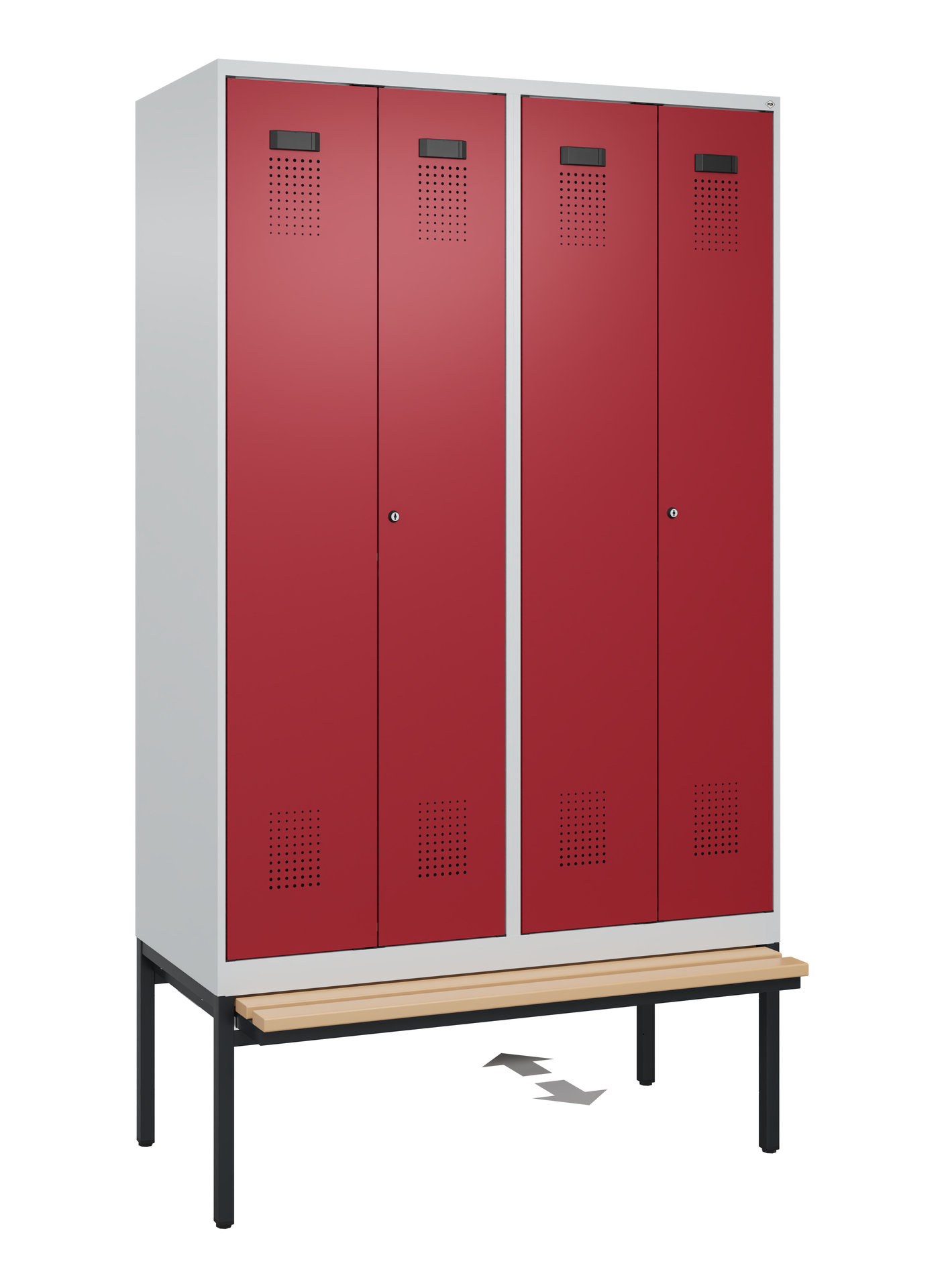 C+P PSA Schwarz-Weiß-Spind Evolo PLUS, Bank, 4 Abteile, 2120x1200x815mm