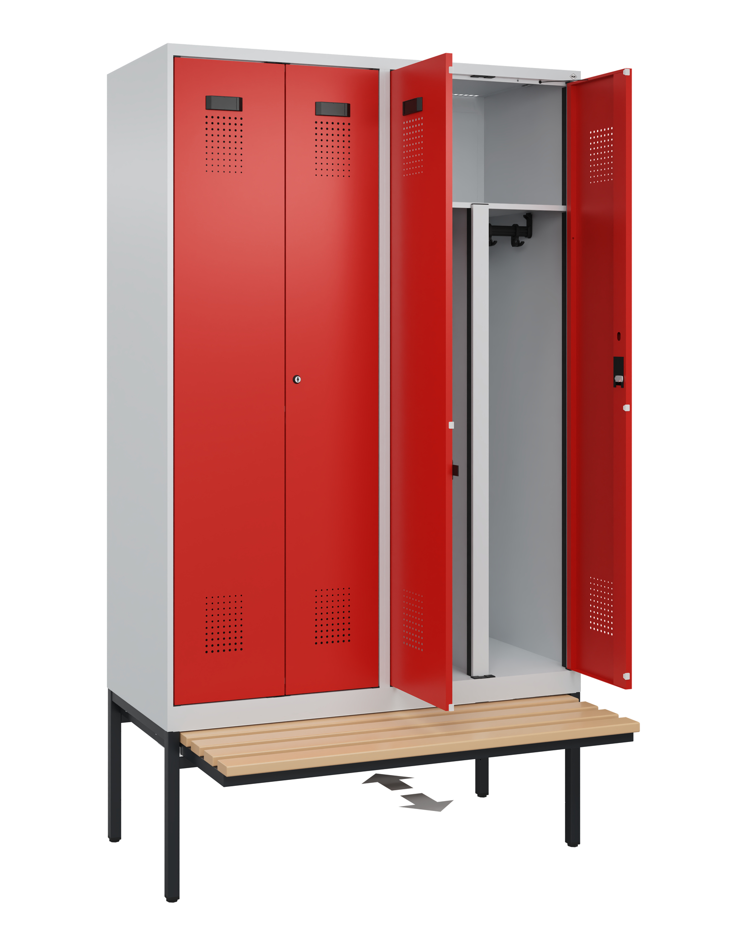 C+P PSA Schwarz-Weiß-Spind Evolo PLUS, Bank, 4 Abteile, 2120x1200x815mm