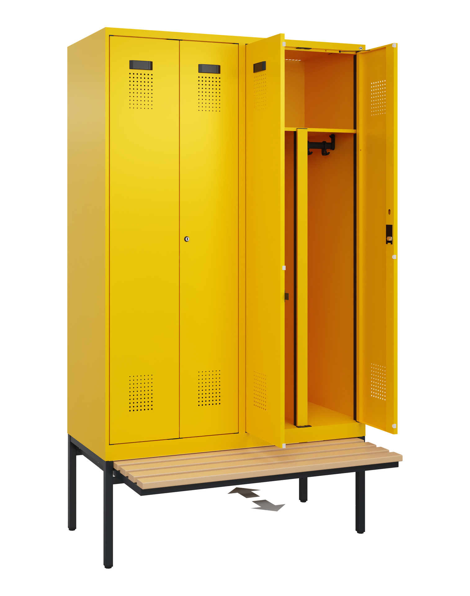 C+P PSA Schwarz-Weiß-Spind Evolo PLUS, Bank, 4 Abteile, 2120x1200x815mm