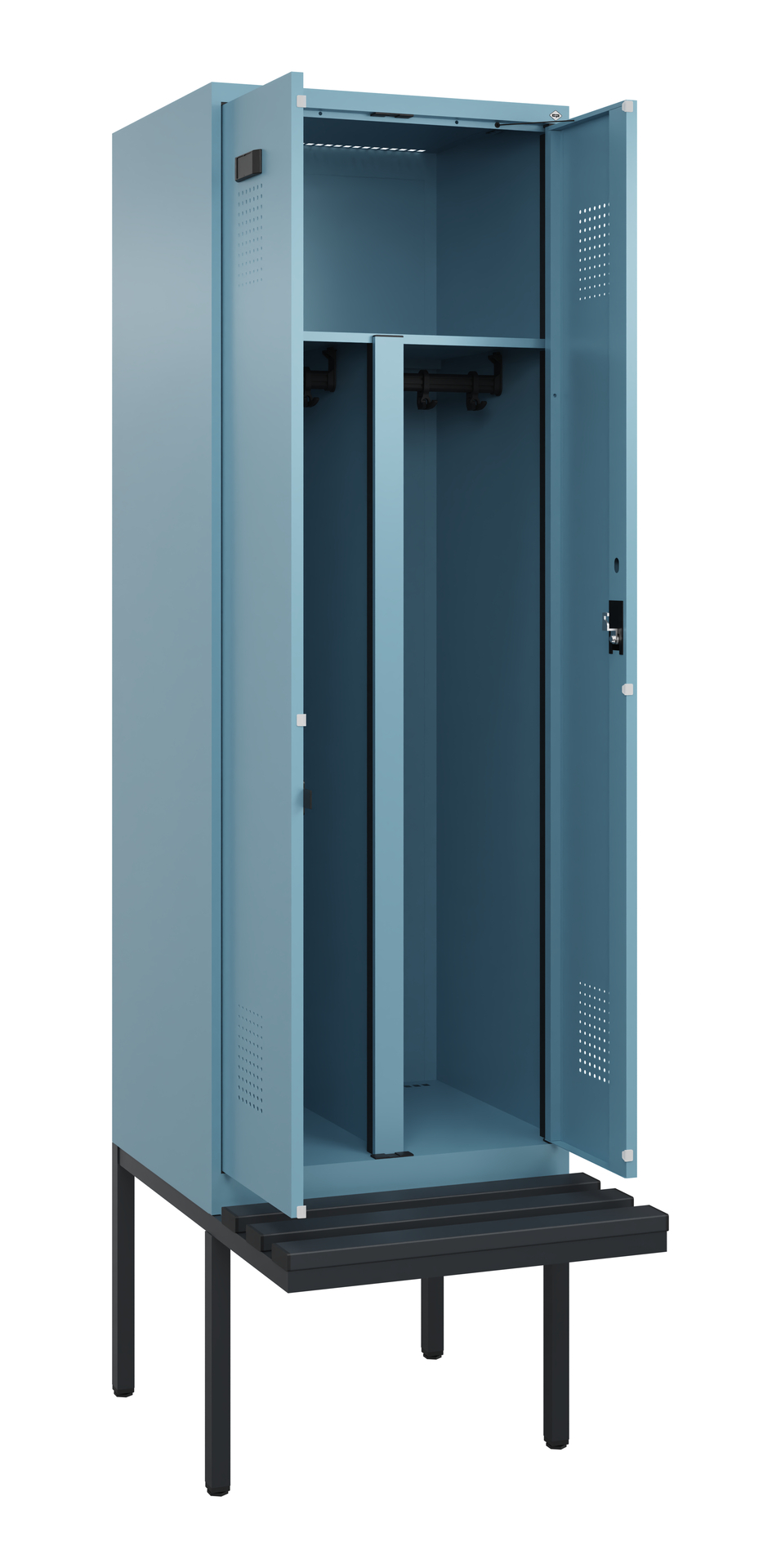 C+P PSA Schwarz-Weiß-Spind Evolo PLUS, Bank, 2 Abteile, 2120x600x815mm