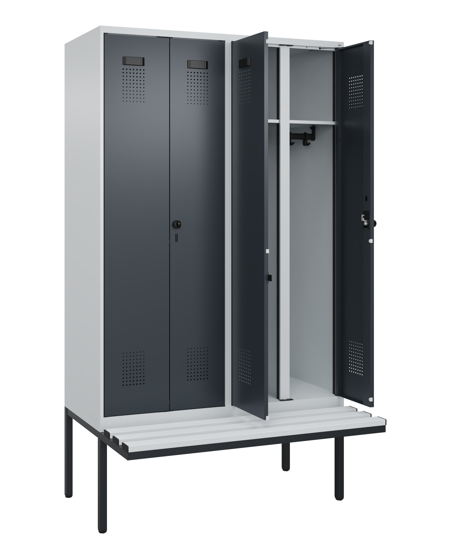 C+P Schwarz-Weiß-Spind Evolo PLUS, Bank, 4 Abteile, 2120x1200x815mm