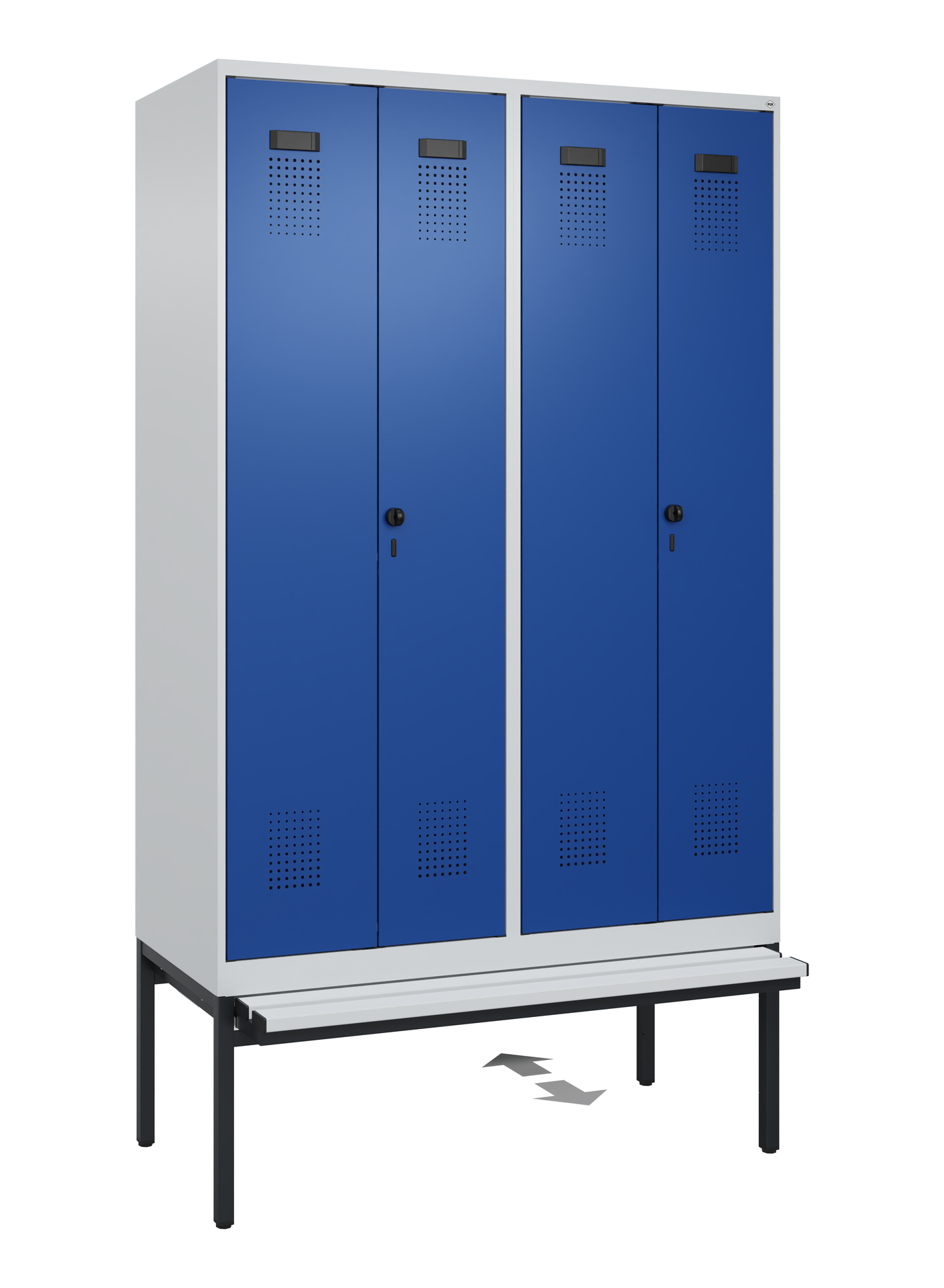 C+P PSA Schwarz-Weiß-Spind Evolo PLUS, Bank, 4 Abteile, 2120x1200x815mm