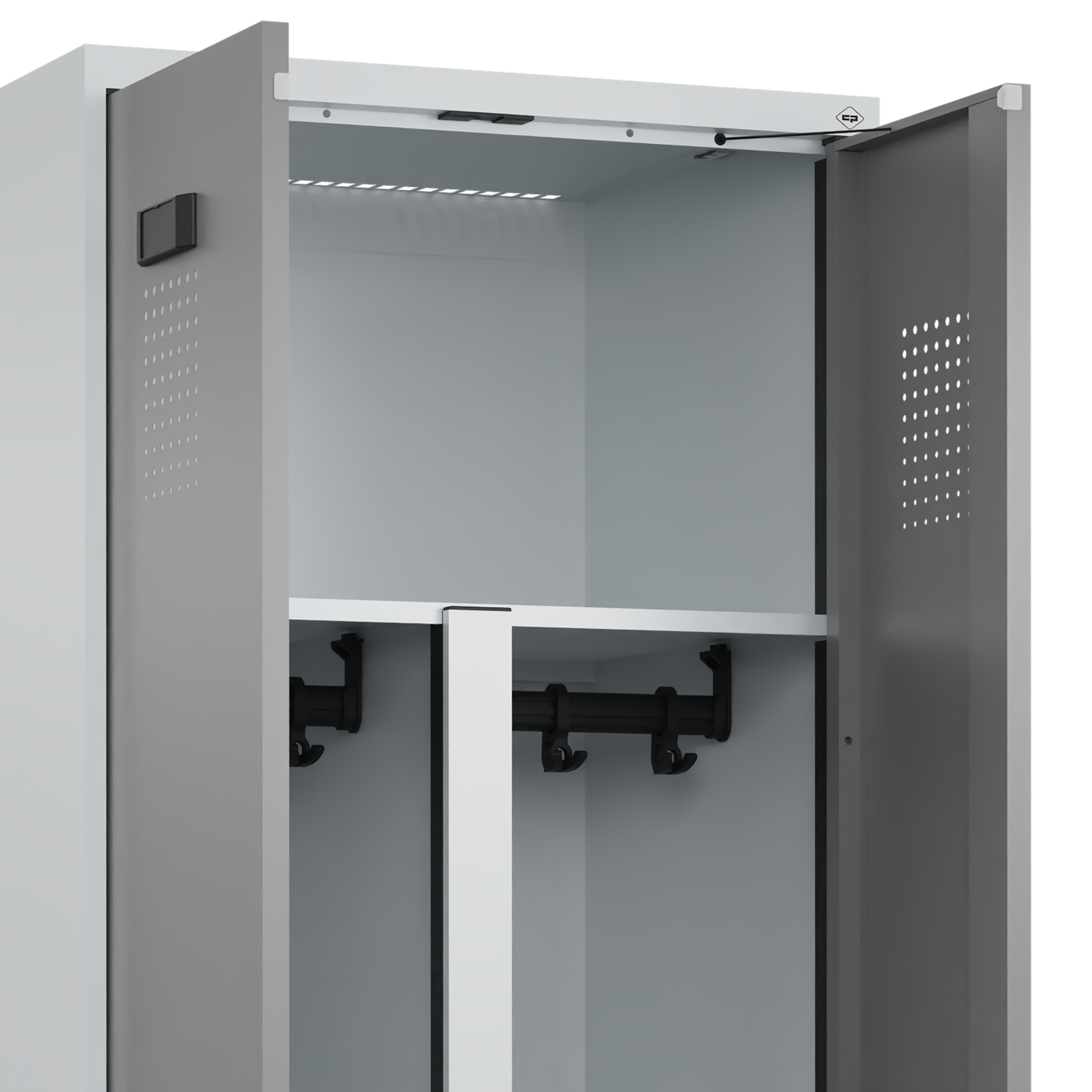 C+P PSA Schwarz-Weiß-Spind Evolo PLUS, Bank, 4 Abteile, 2120x1200x815mm