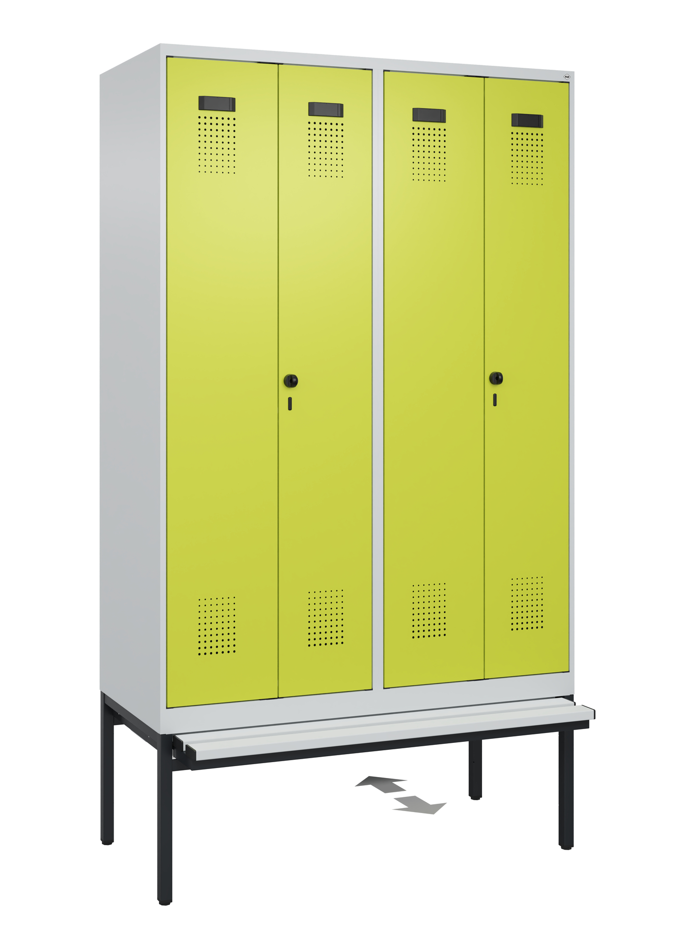 C+P PSA Schwarz-Weiß-Spind Evolo PLUS, Bank, 4 Abteile, 2120x1200x815mm